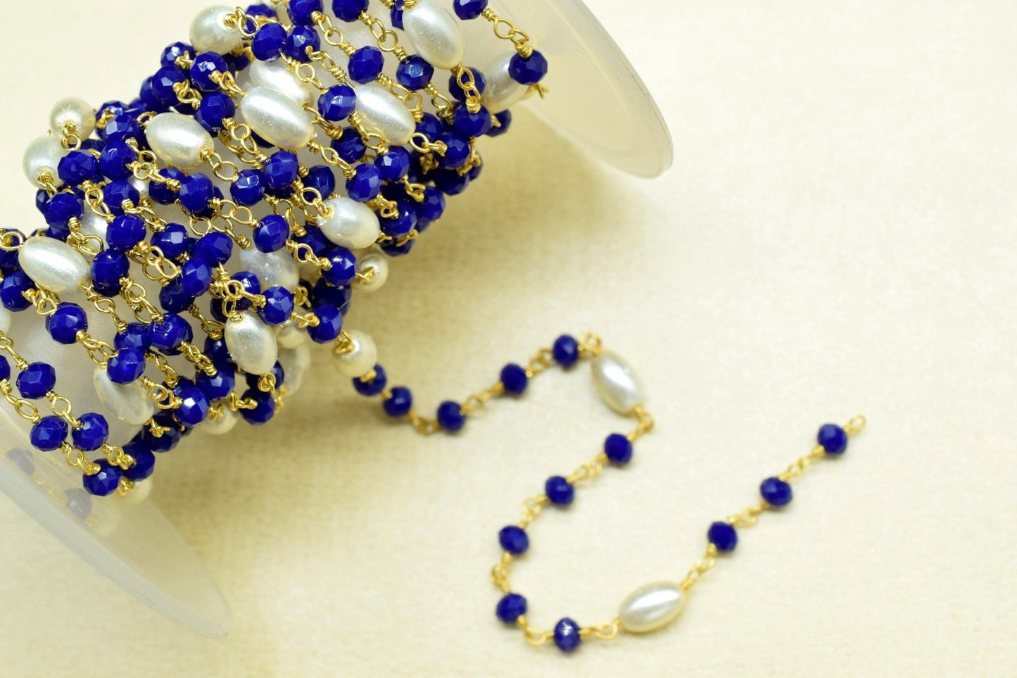 Blue Sapphire Hydro Faceted Rondelle Beaded Rosary Chain,Gold Plated Rosary Chain,Finding Wire Wrap Necklace Chain,Pearl Rosary Chain,Gift