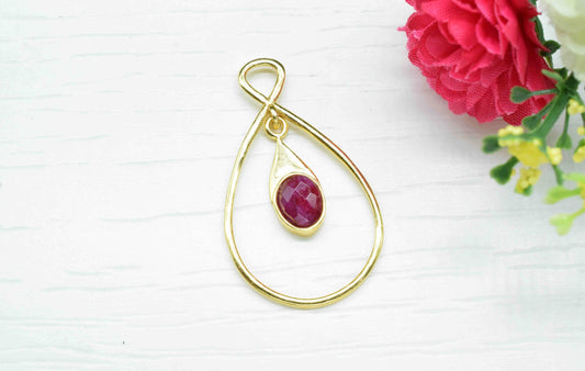 Ruby  Component , Single Bail Charm , Ruby Connector Pendant , Gold Plated Connectors , Earring Component , B'day Gift