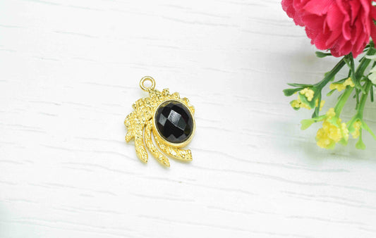 Black Onyx  Pendant ,  Gemstone Handmade Pendant , Bulk Gemstone Pendant , Gold Plated Connectors ,Single Bail Gemstone Connector Charm