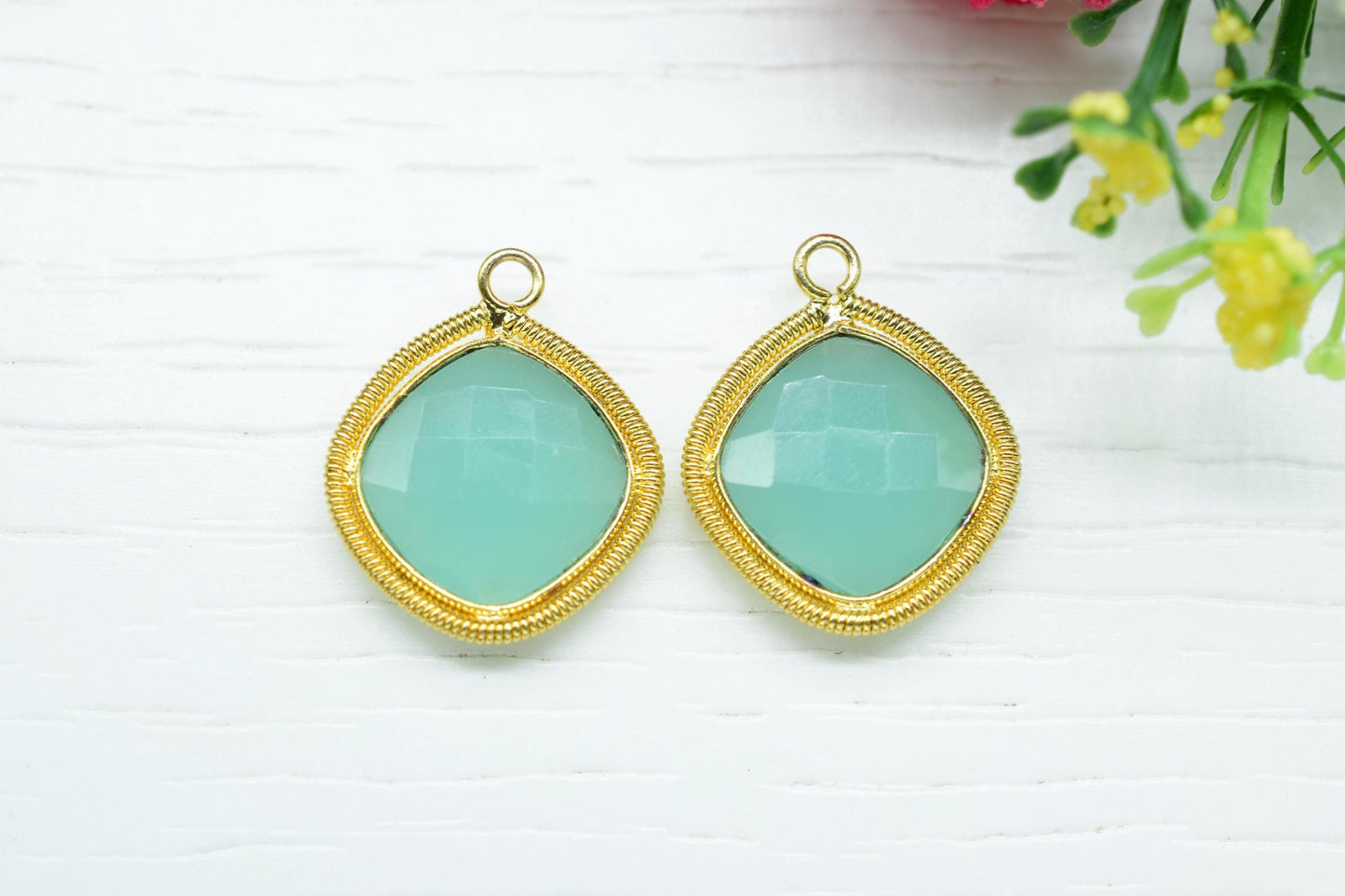 Aqua Chalcedony 14mm Bezel Charms,Gemstone Cushion Bezel,Boho Pendant Charms,Single Loop Connector,Handmade Charm,Component Pendant Jewelry