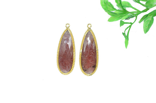 Pink Strawberry 10x30mm pear shape Pendant,Strawberry Faceted Charms Connector Jewelry,Pink Strawberry Gold Plated Single Bail bezels,Gift
