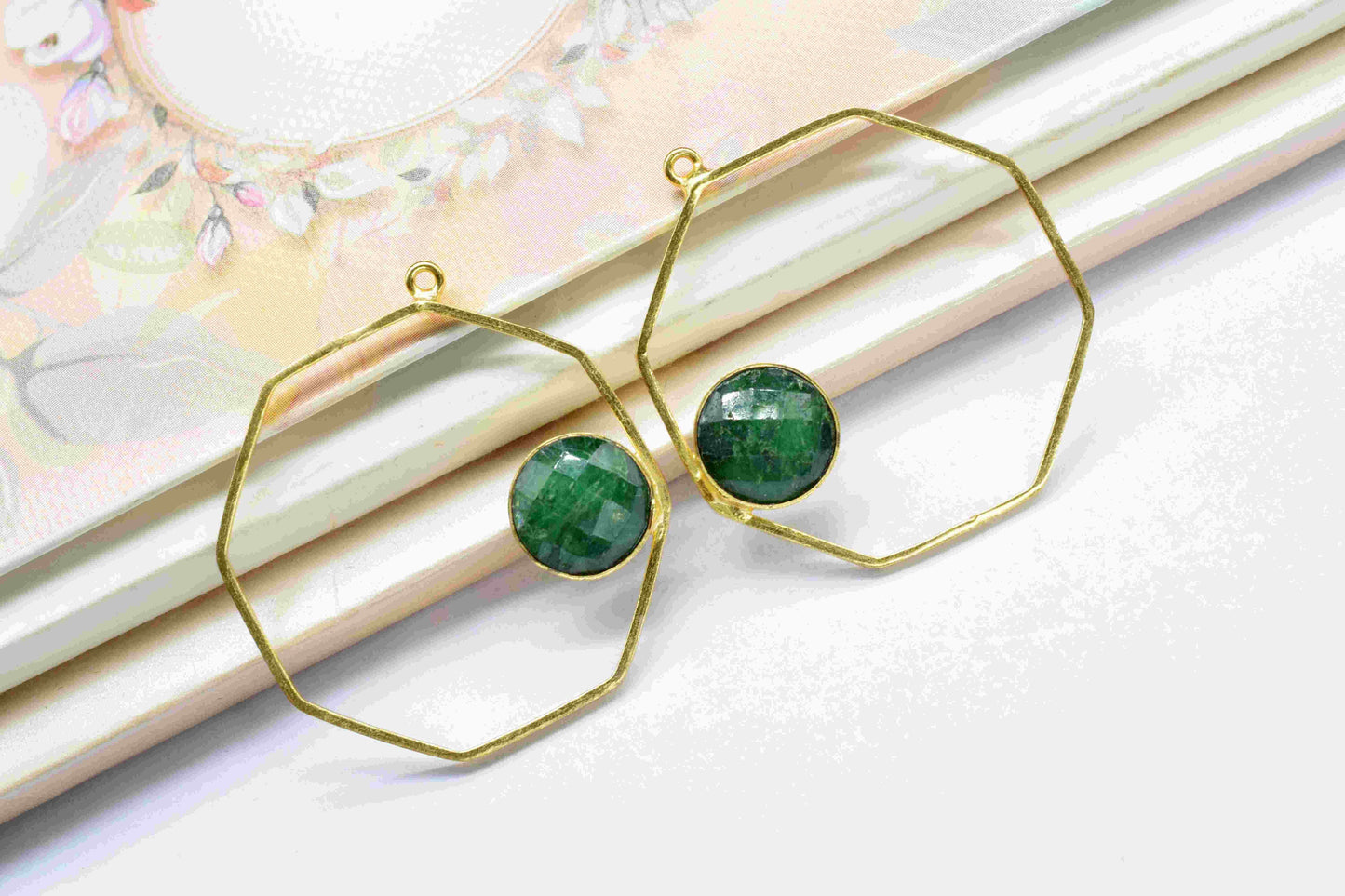Emerald Gemstone Component, Emerald 10mm Round Shape Component, Gemstone Earring, Finding Hexagon Shape Necklace,Component Jewelry,Connector