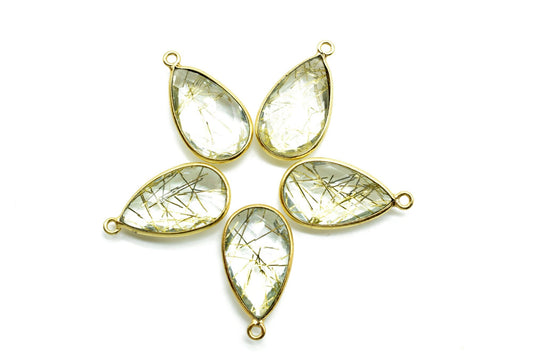 Golden Rutile 12x20mm Pear shape charm,Rutile Pear pendant,Rutile Gold Plated bezel,jewelry making charms craft,Birthstone charms,Rutile