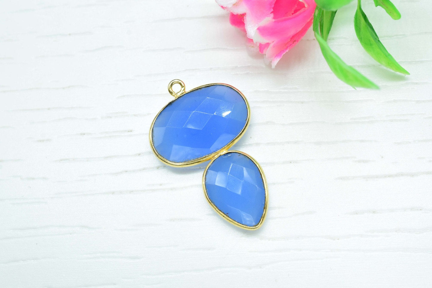 Natural Blue Chalcedony Pear Shape Pendant,Handmade brass Pendant,Blue Oval Chalcedony Pendant-Sagittarius Birthstone,,Gemstone pendant,