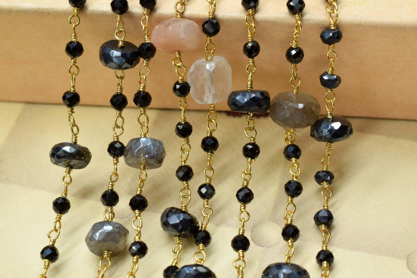 4 mm Black onyx  Rosary Chain,multi moonstone Faceted Beaded Chain,Wire Wrapped gold Plated Chain,bigger size beaded ,rosary ,dual gemstone,
