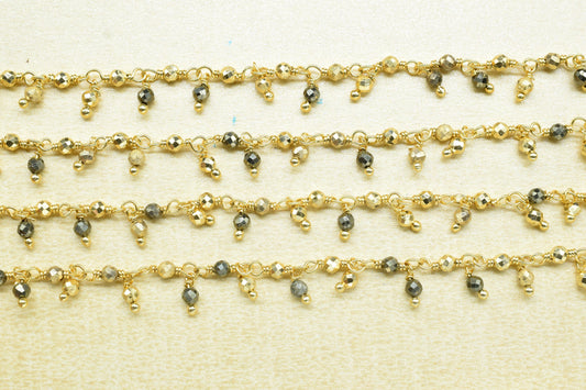Natural Pyrite Dangling Rosary Chain,Gemstone Beaded Chain,Wire Wrapped Necklace Chain,Pyrite Cluster Beads Chain,Handmade Bead Jewelry Gift