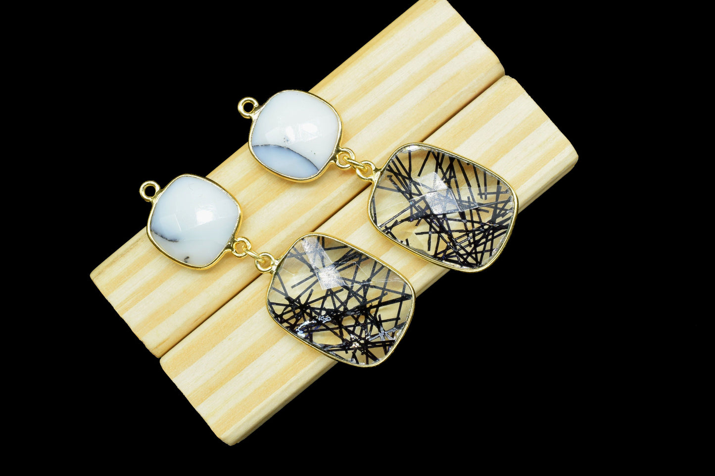Dendrite Opal Dangle Component pendant,Multi Stone Dangle Earring,Square Shape Pendant,Black Rutile pendant Charm,Gemstone Bezel Connector