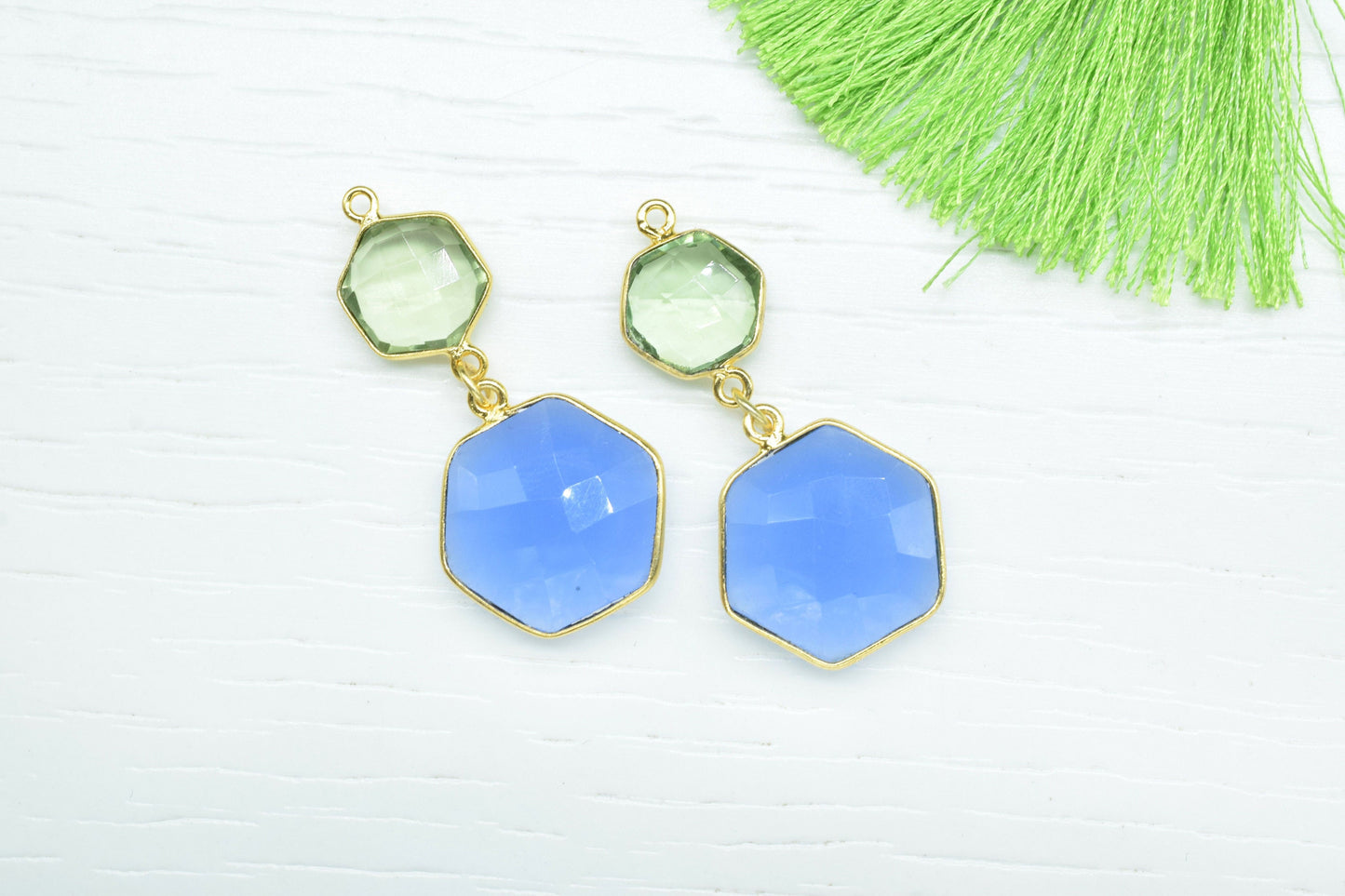 Blue chalcedony Dangle Component Charms,Multi Stone Dangle Earring,Handmade Necklace Connector,Green Amethyst pendant,Gemstone Bezel pendant