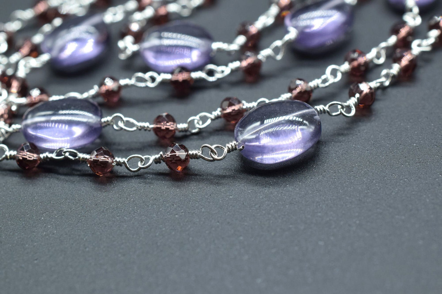 Amethyst Gold Plated wire Wrapped Rosary Chain,Smooth Natural Amethyst Oval Nugget Shaped Beads,Garnet beaded chain,Amethyst  Rosary Chain