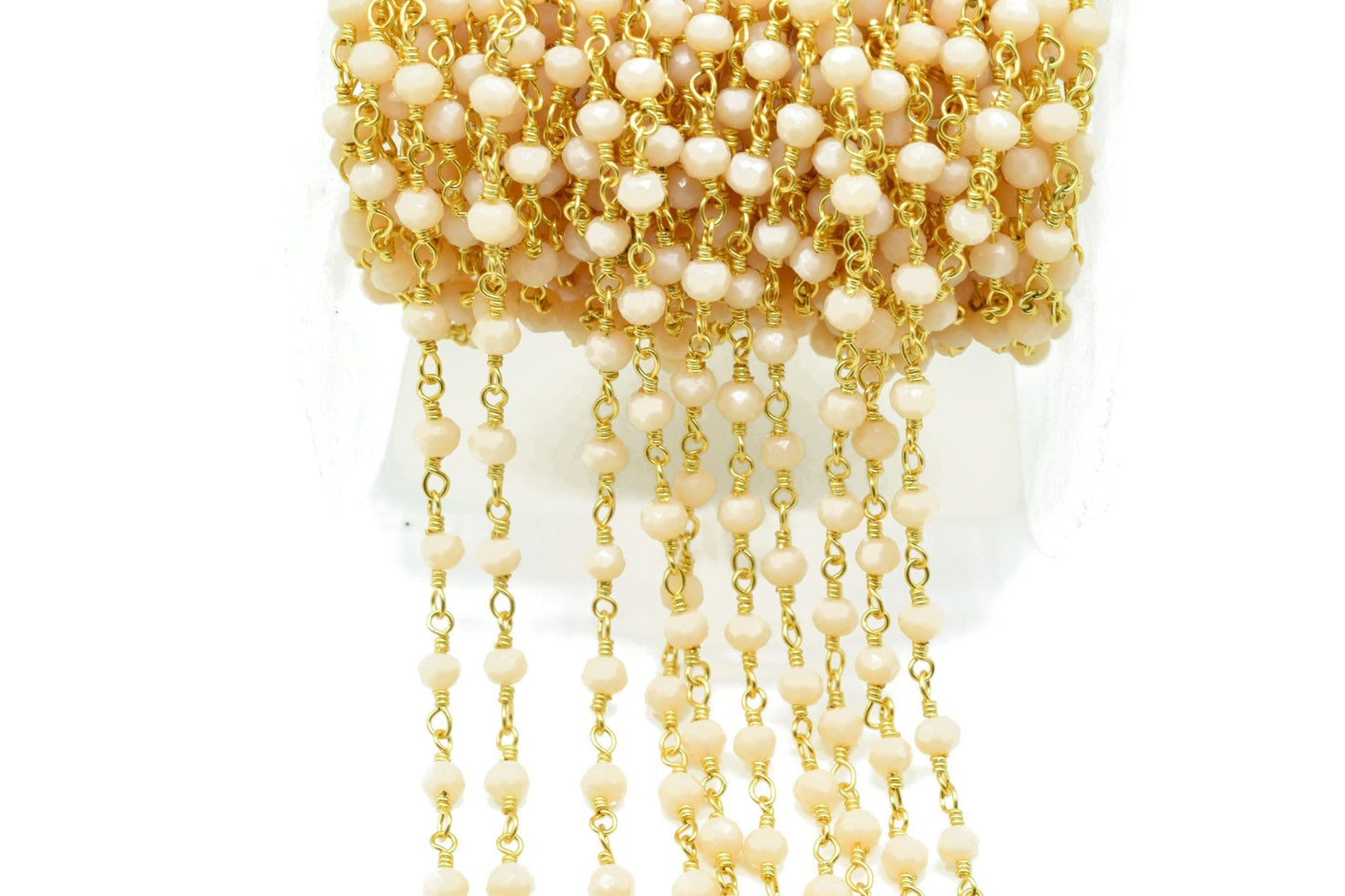 Peach Agate 3mm Beaded Chain,Peach Agate Rosary Chains,Peach Agate Gold Plating Wire Wrap Chain,Brass chainJewelry Making Chain Rosary chain