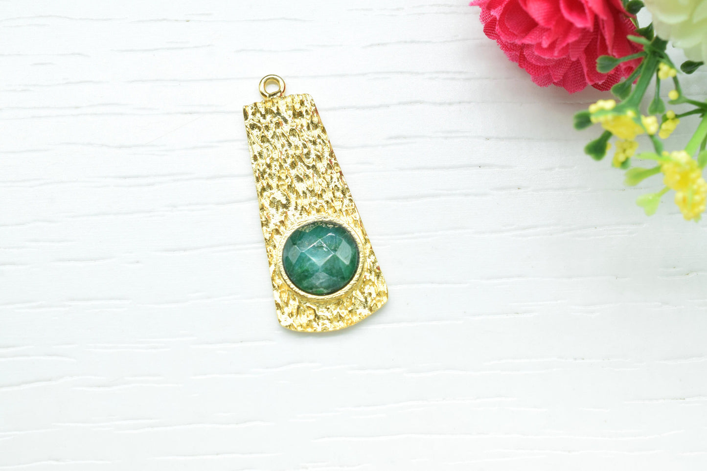 Emerald Pendant , Emerald Gemstone Handmade Pendant , Bulk Gemstone Pendant , Gold Plated Connectors ,Single Bail Gemstone Connector Charm