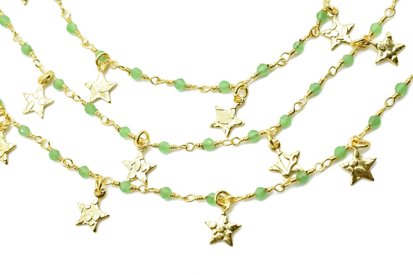 Chrysoprase 2mm Beaded & Star Charm Chain,Rosary Style Chain -Chain per foot,Yellow Plated Wire Wrapped Chain,Jewelry Making Supplies,Jewels
