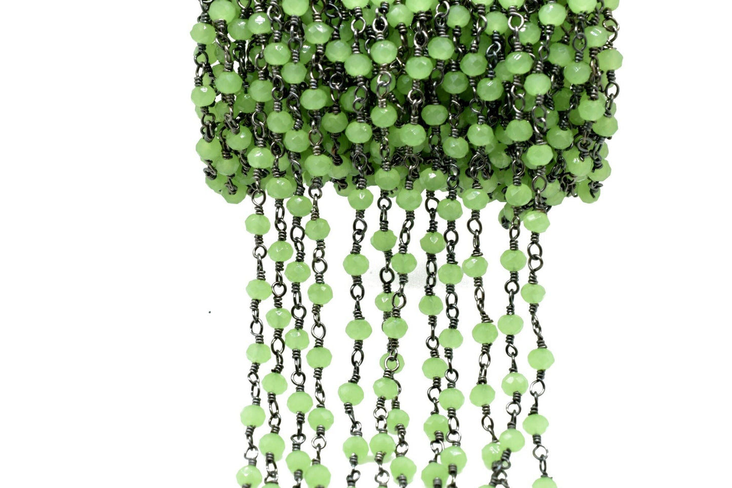 Prehnite Chalcedony 3mm Beaded Chain,Rosary Chain,Prehnite Chalcedony black rhodium Wire Wrap Chain,Brass chain Jewelry Making Chain,Rosary