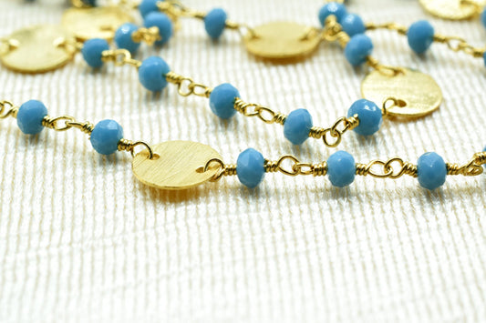 Turquoise 3mm Beaded Chain,Beaded Gold Plated Rosary Chain,Turquoise Rondelle Faceted Rosary Chain,jewelry Making,Finding,circle charm chain