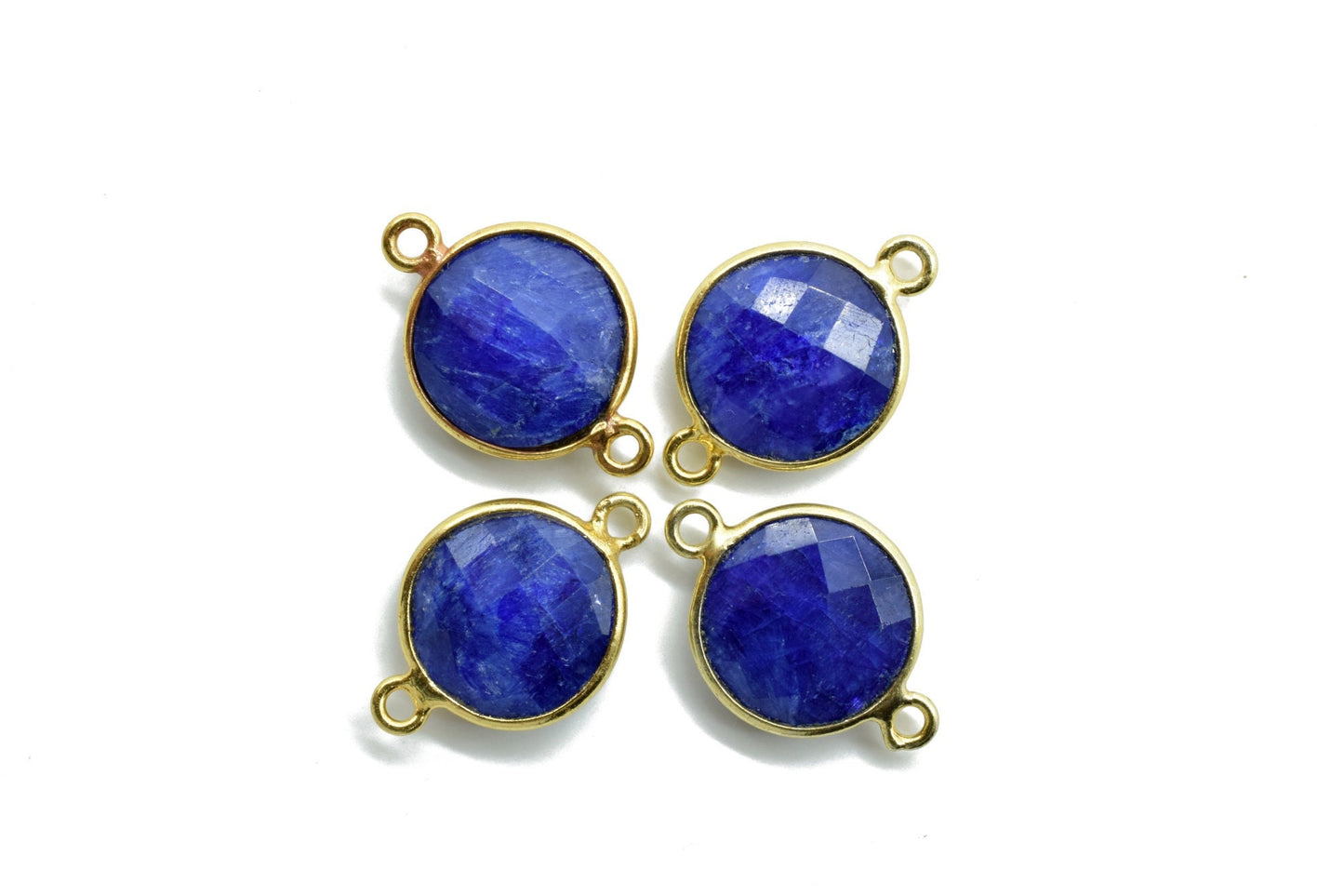 Genuine Blue Sapphire 12mm Round double bail connectors,Sapphire Round Gold Plated bezel,Jewelry making charms,Sapphire Brass connectors,