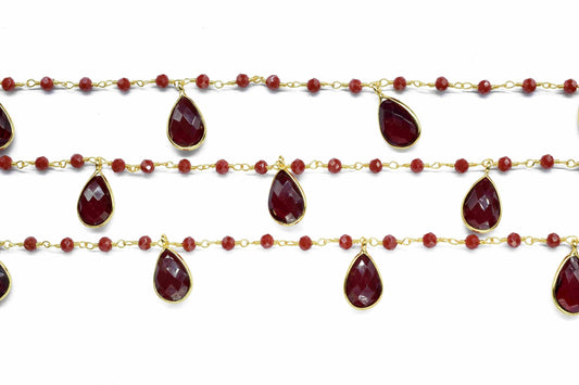 Garnet Gemstone 8x12mm Teardrop Shape Bezel Chain,Ruby Quartz 3mm Beads Chain,Garnet Connector Link Chain,Garnet Connector Chain For Jewelry