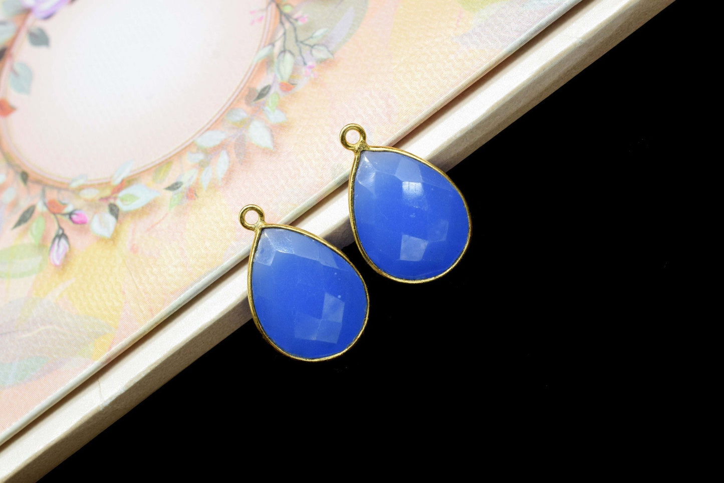 Blue Chalcedony 12x16mm Pear shape charm,blue Chalcedony Gold Plated Connector Jewelry,Blue Chalcedony Single Bail Connector,Blue Charm Gift