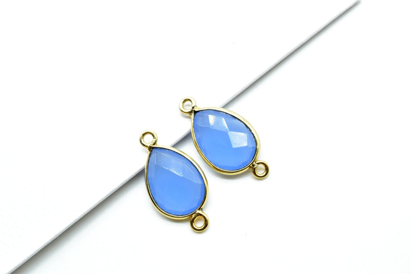 Blue Chalcedony 10x14mm Pear shape double bail connector,Blue Chalcedony Pear Shape Bezel Connector Gold Plated,chalcedony Connector,Jewelry