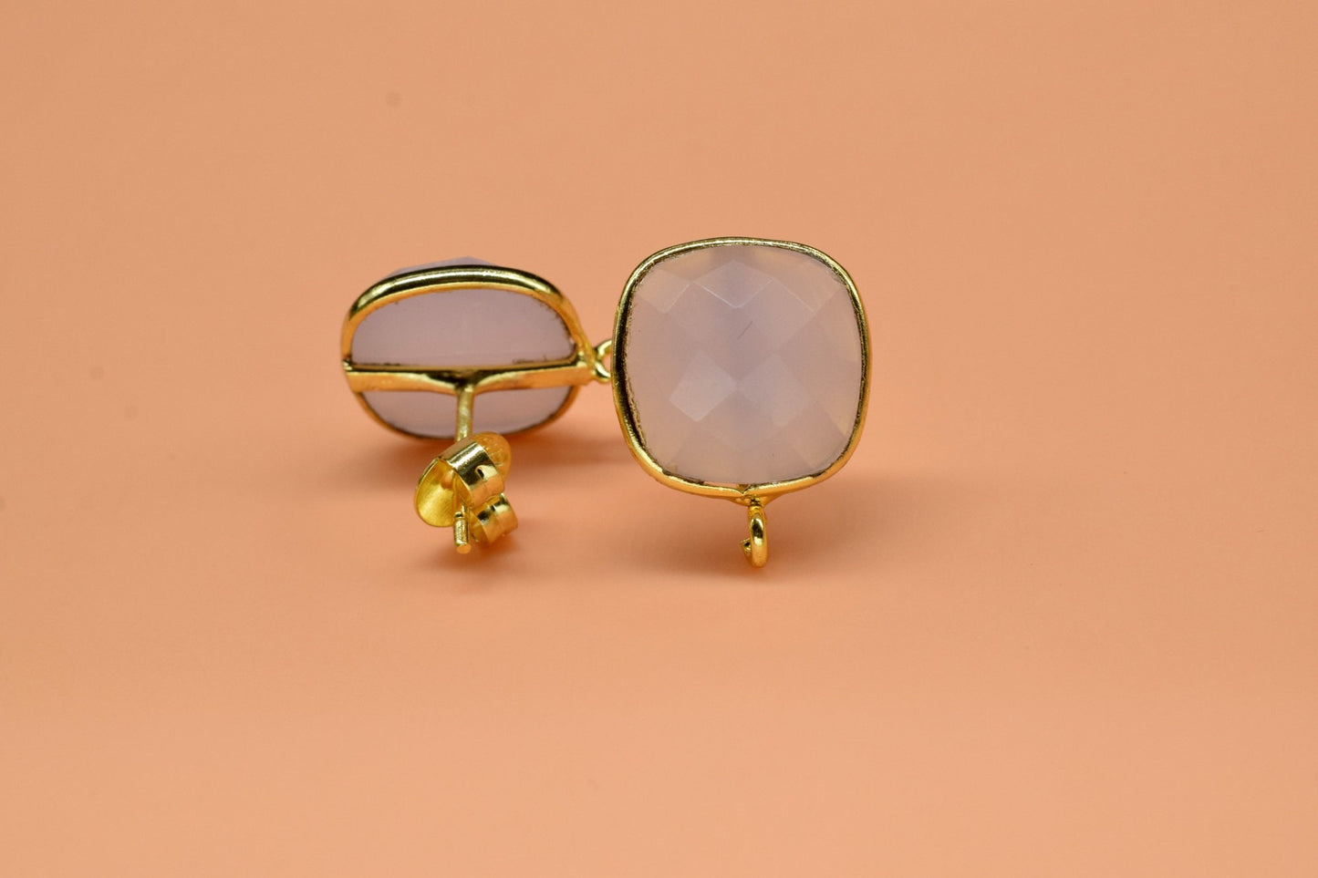 Rose Quartz 12mm cushion Earring Connector,Jewelry Making Supplies,Earring connectors post stud, Jewelry,Jewelry Finding,Gold Plated Earring