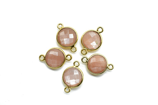 Peach Moonstone 10mm round Double bail connectors,Peach Moonstone Pendants,Peach Moonstone Round Gold Plated bezels,jewelry making charms