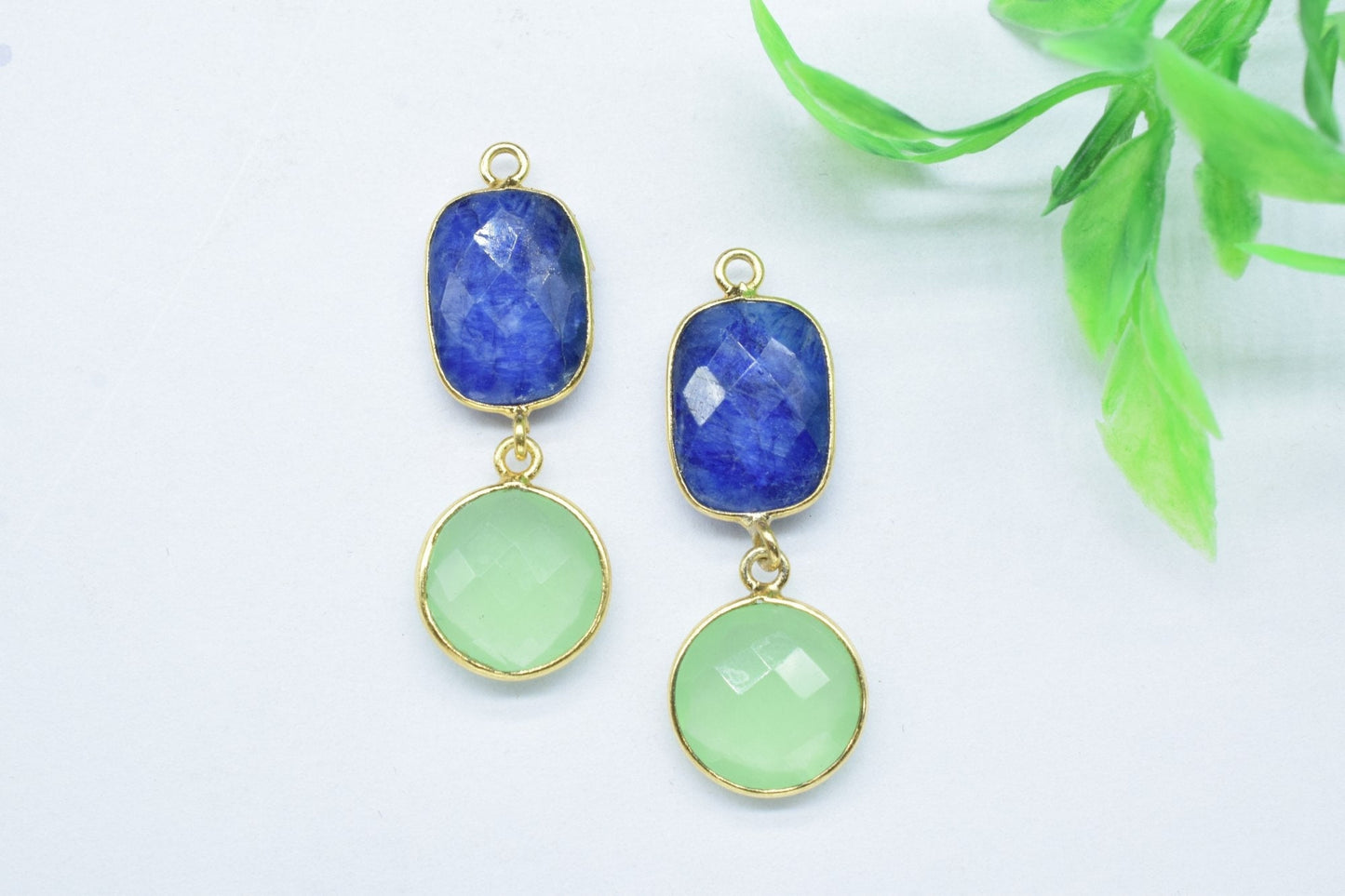 Blue Sapphire & Prehnite Connector,Handmade Pendant,Multi Stone Pendant Charms Necklace,Station Bezel Link,Gemstone Earring Connector,Gift
