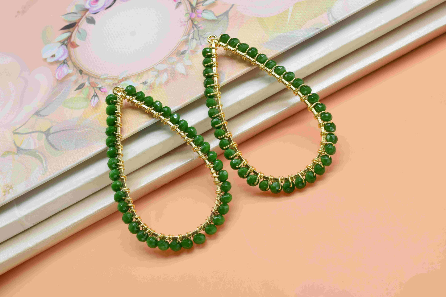 Emerald Quartz Beaded Earring Connector, Gemstone Wire Wrapped Components,Pendant Jewelry Connector,Finding Necklace,Emerald Beaded Jewelry,