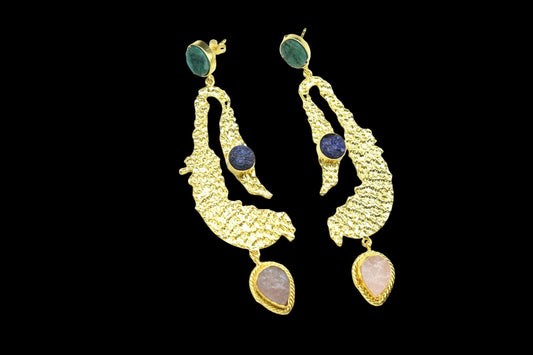 Emerald Roung Stone Earring/Handmade Earring/Bridal jewlry/Gold Plated Jewelry/Sapphire Roung Earring/Gold Plated Textured Earrings Jewelry