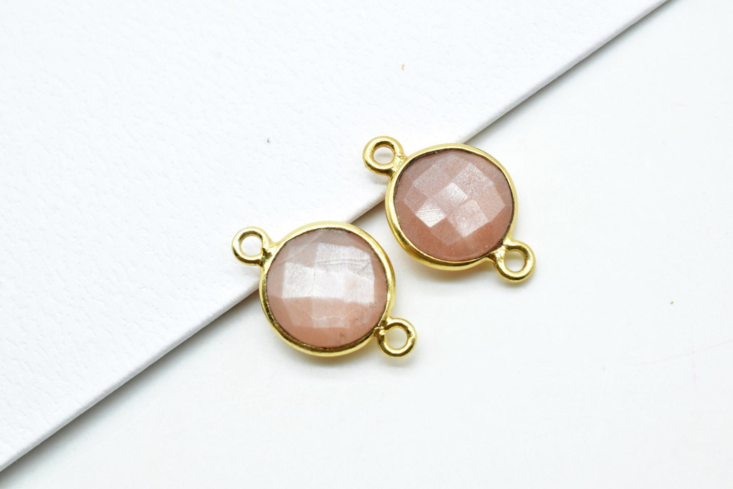 Peach Moonstone 10mm round Double bail connectors,Peach Moonstone Pendants,Peach Moonstone Round Gold Plated bezels,jewelry making charms