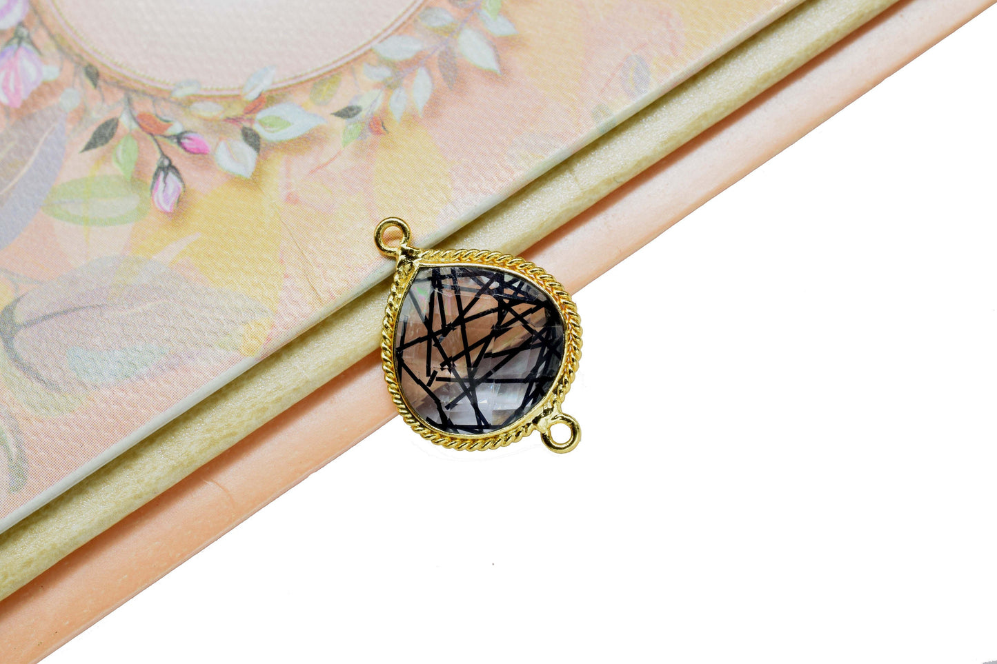 Rutile Gold Plated bezel jewelry making charms,Rutile Double Bail pendant,Rutile Charms jewelry,Black Rutile Gemstone 14mm Heat shape charm