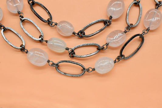 Rose Quartz Handmade Bezel Link Chain,Black Rhodium Bezel Chain,brass finding  Connector chain,Rose Quartz Gemstone Bezel Finding Chain