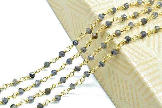 Iolite 3mm Beaded Chain,Gemstone Rosary Chain, 3mm,Faceted Beads, 24k Gold Plated Wire Wrapped Chain, Beaded Chain Jewelry,Blue Iolite Beads