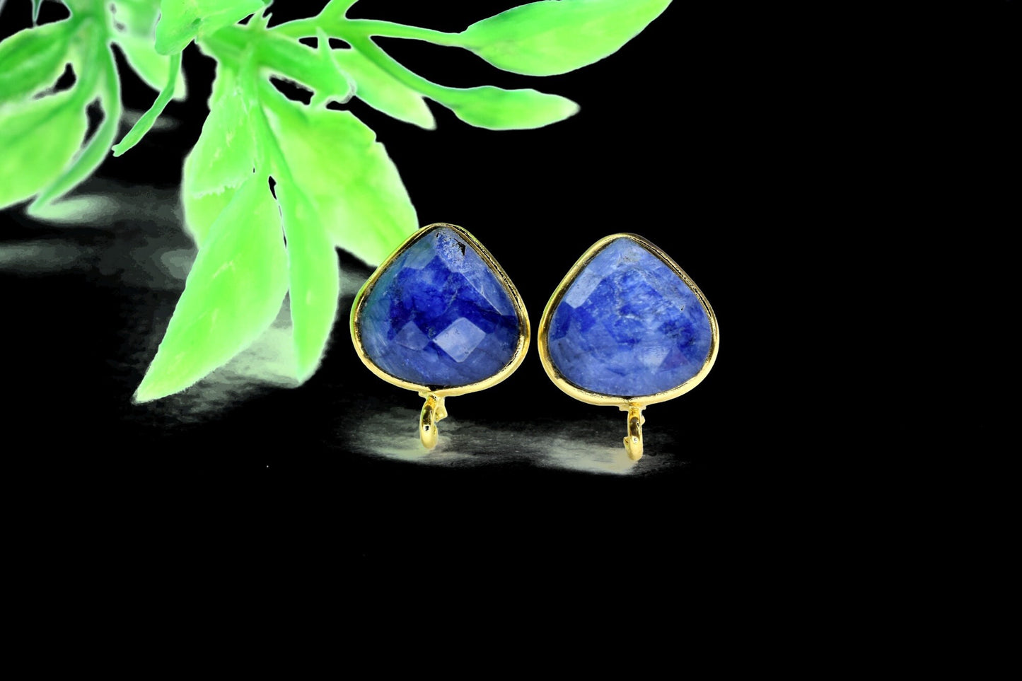 Blue Sapphire 10mm Heart Shape Earring Connector,Earring Findings,Blue Sapphire post stud,Gold Plated Earring Connector,Sapphire Stud