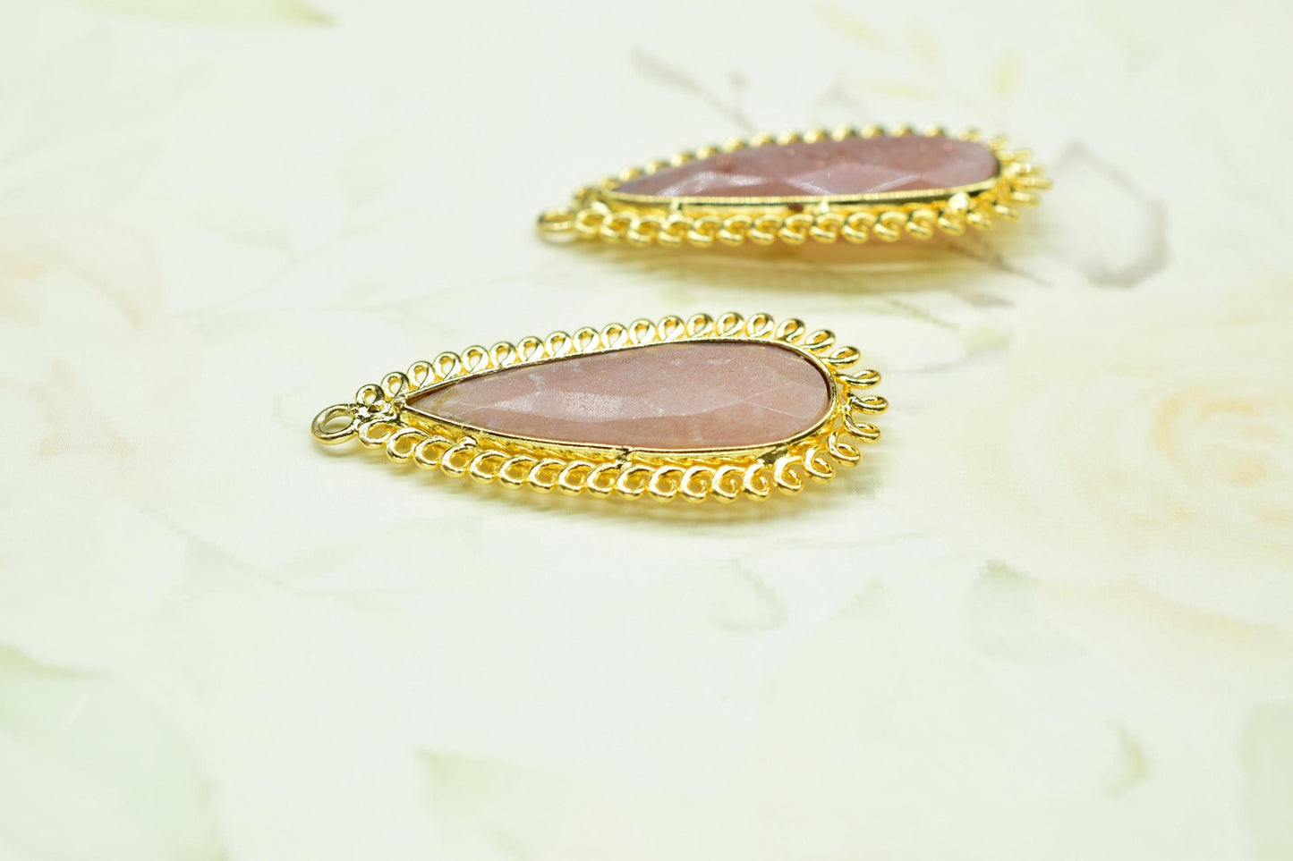 Peach Moonstone 10x30mm Teardrop Bezel Charm,Single Bail Pendant,Handmade Jewellery Connectors,Gemstone Brass Component,Handmade Connector