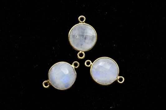 Moonstone 12mm Round double loop connectors,Moonstone Pendant,Round Gold Plated bezel,Moonstone charms,Moonstone Brass connectors,Moonstone