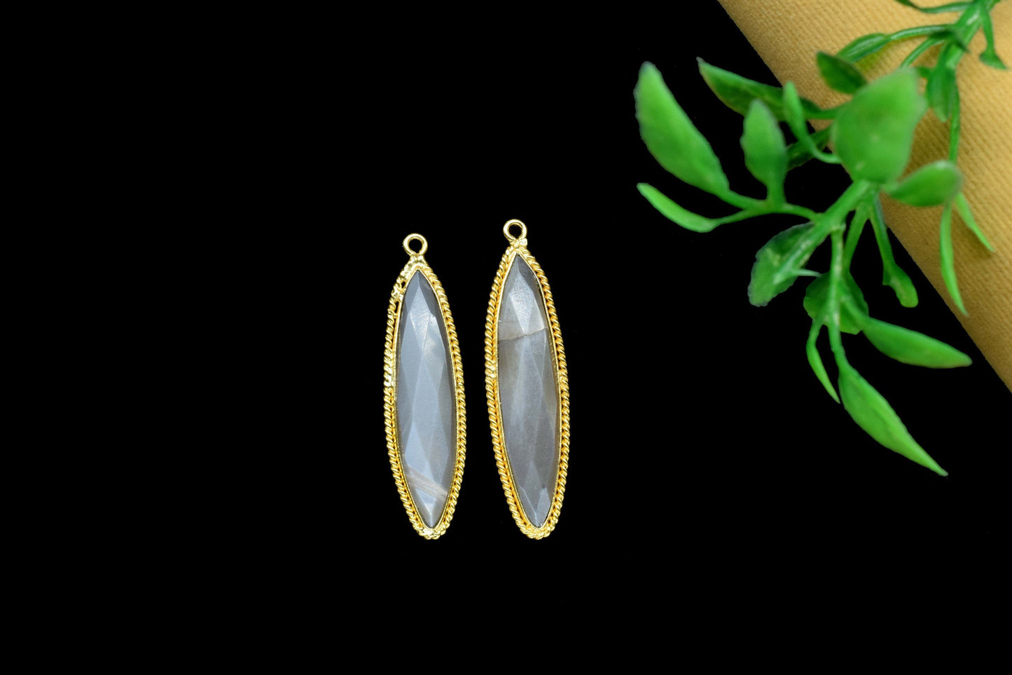 Chocolate Moonstone 7x34mm Marquise Shape Charms,Chocolate Moonstone Pendant,Moonstone Gold Plated bezel,Chocolate Moonstone Connector Bezel