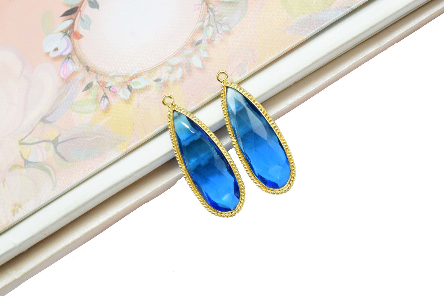Blue Topaz Gemstone 10x30mm Teardrop Charm,blue Topaz Teardrop Shape Pendant Jewelry Making,Topaz Quartz Gold Plated Single Bail Connector