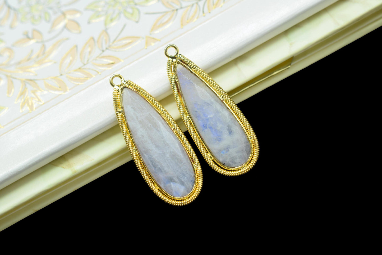 Moonstone 10x30mm Charms,Gemstone Bezel connector,Single Bail Pendant Charm,Handmade pendant Jewelry,Teardrop Charms connector,Bday Gift