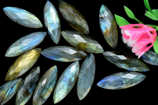Labradorite 10x30mm Faceted Cabochon, Checker Cut Cabochon Jewelry, Gemstone Jewelry, Faceted Briolette Marquise Shape,Jewelry Making Supply