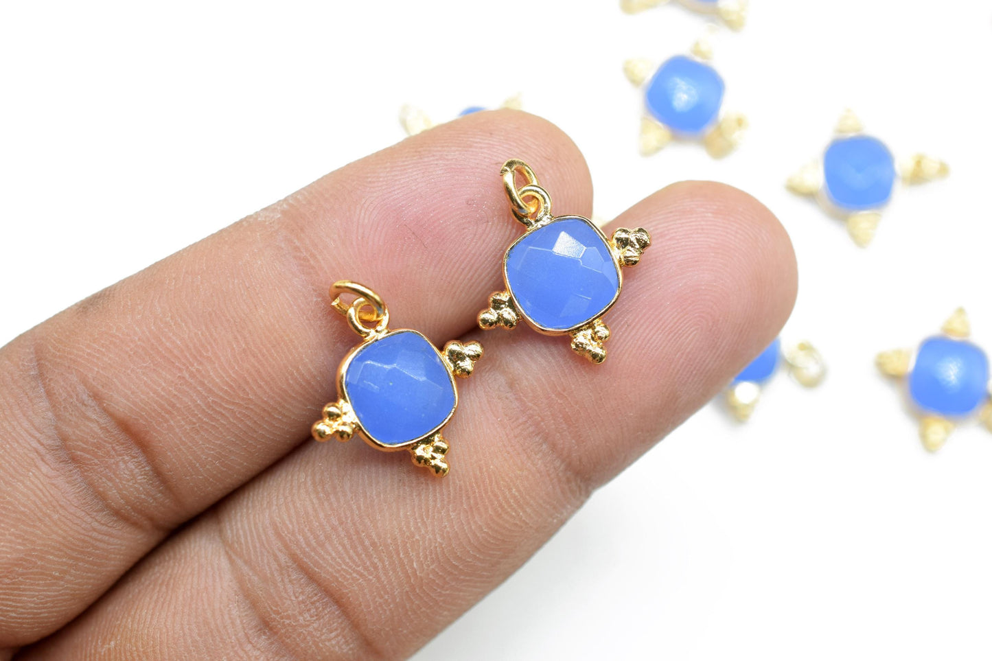 Blue Chalcedony 8mm Cushion Bezel charm/Station Bezel Link Supplies/Blue Jewelry Making/Square Pendant/Gemstone Connector Pendant,B'day Gift
