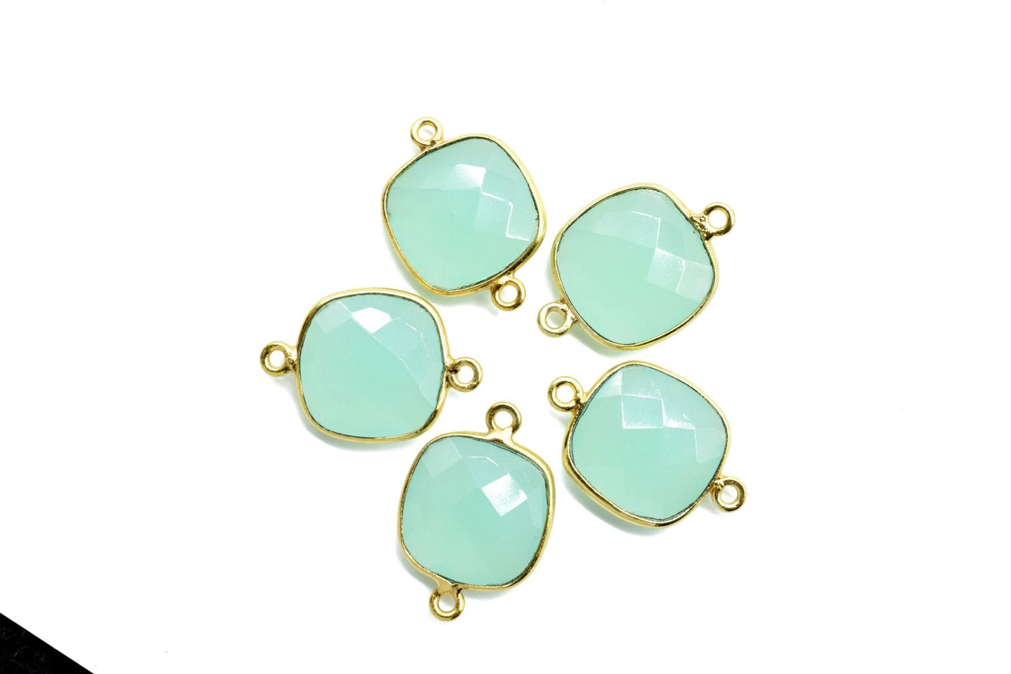 Aqua Chalcedony 14mm Cushion double loop connectors,Aqua Chalcedony Bezel Findings Cushion Charms,Cushion Shape Gold Plated Connectors,