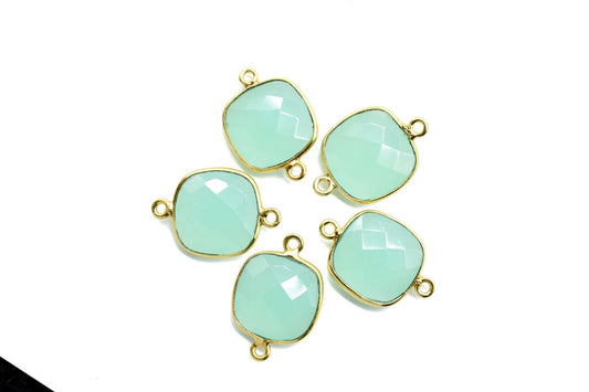 Aqua Chalcedony 14mm Cushion double loop connectors,Aqua Chalcedony Bezel Findings Cushion Charms,Cushion Shape Gold Plated Connectors,