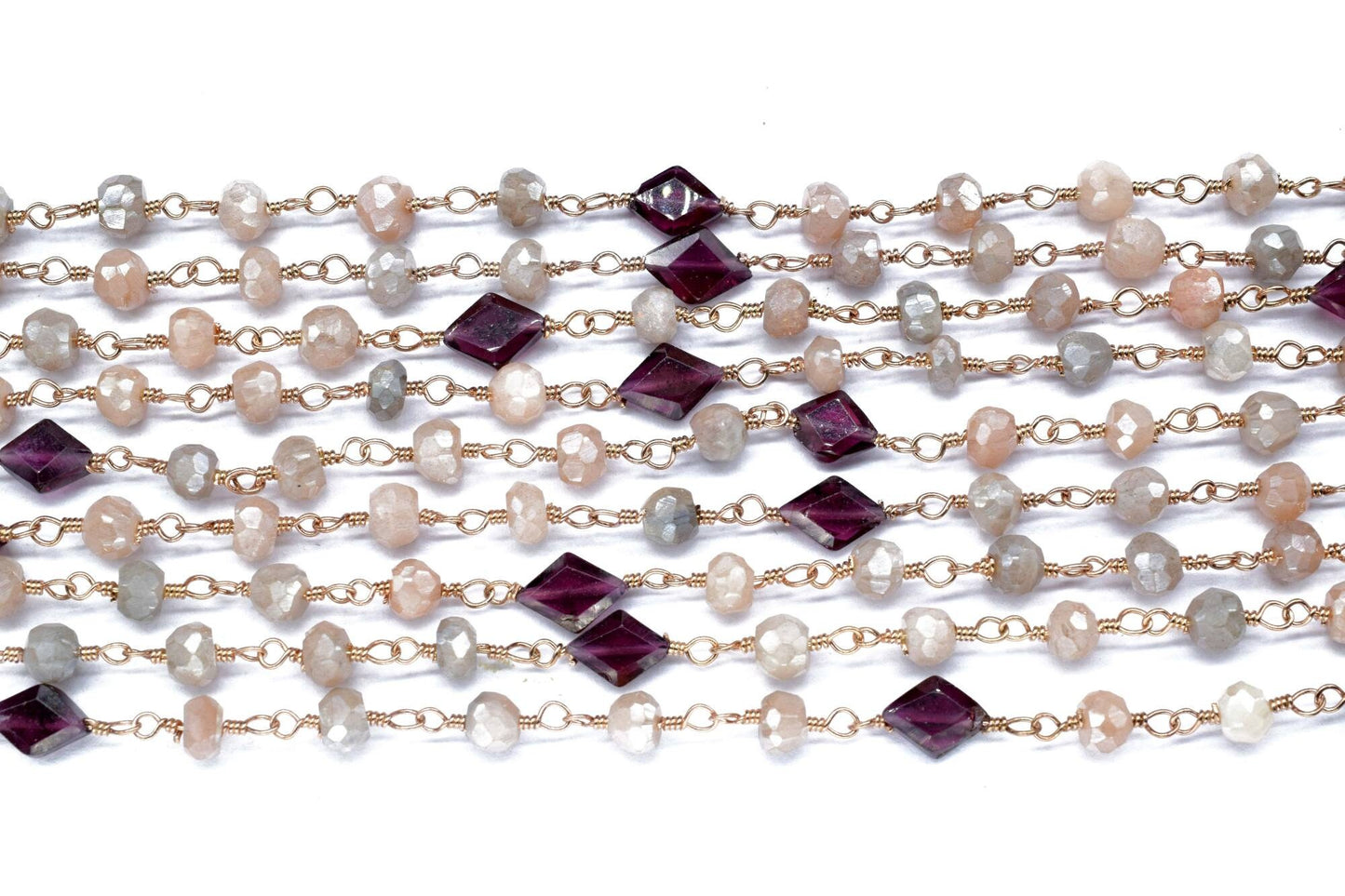 Chocolate/Peach Moonstone Gemstone Rosary Chain,3.5mm Faceted Beads, 24k Gold Plated Wire Wrapped Chain,garnet beaded chain,multi gemstone,