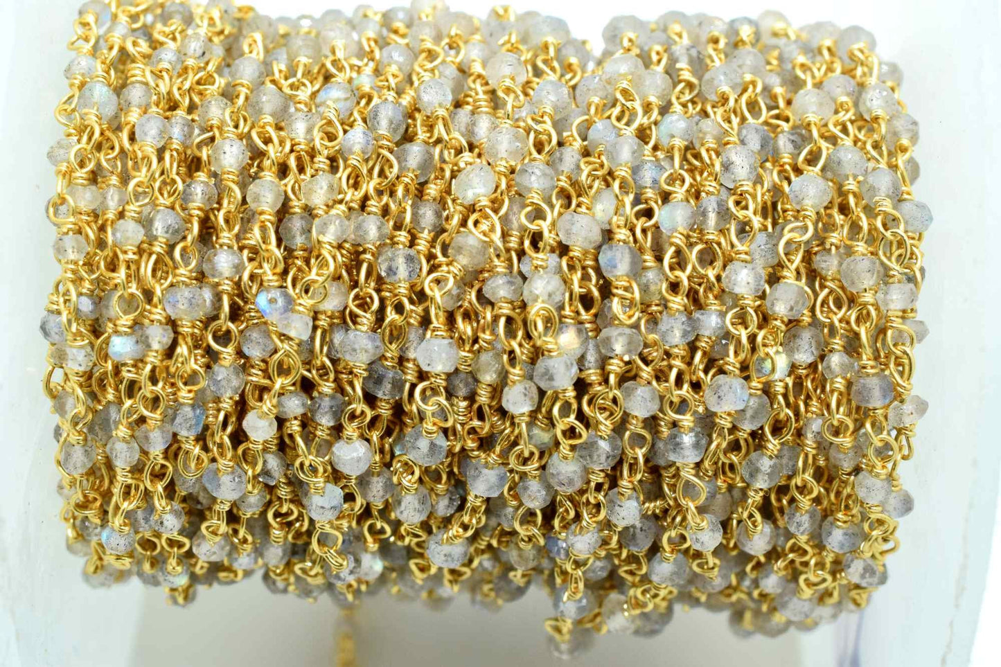 Labradorite 2mm Beaded Chain,Blue Fire Labradorite Rosary Chains,Gold Plating Wire Wrap Chain,Brass chain,Jewelry Making Chains,Rosary chain