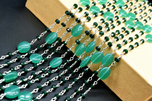 Natural Green onyx Smooth Oval Rosary Style Beaded Chain,Gold Plated Wire Wrapped Chain,Gemstone Linked Handmade Chain,Jewelry Making,
