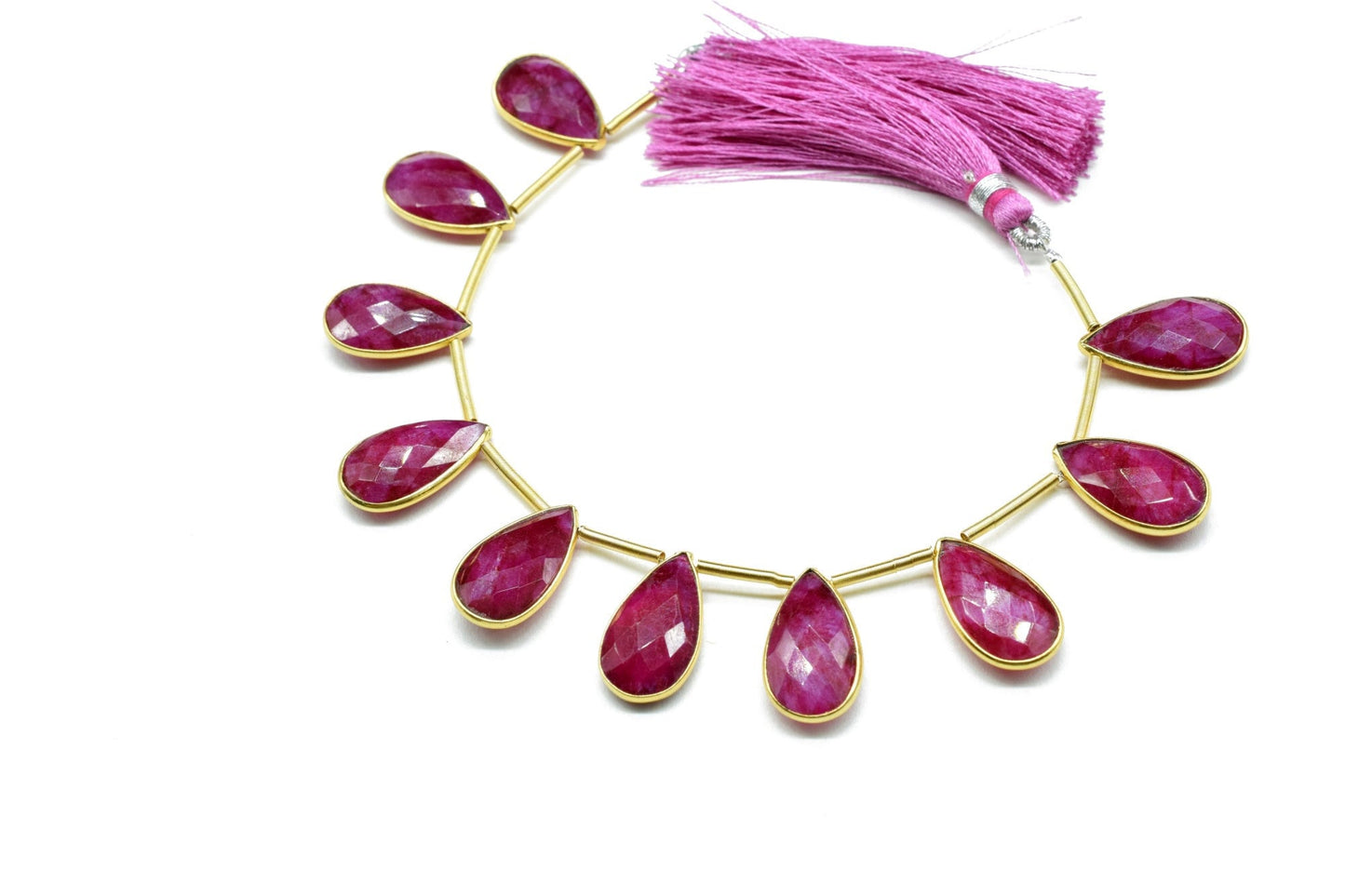 Ruby Side to Side Drilled chrams,Faceted Teardrop Gold Bezel Rim,pendant,earring findings,Ruby connector,Brass Frame Gemstone drill bezel