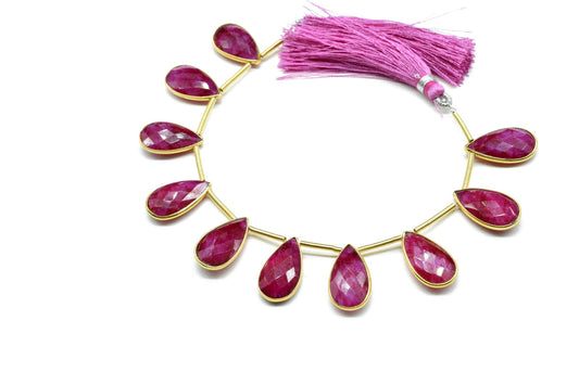 Ruby Side to Side Drilled chrams,Faceted Teardrop Gold Bezel Rim,pendant,earring findings,Ruby connector,Brass Frame Gemstone drill bezel