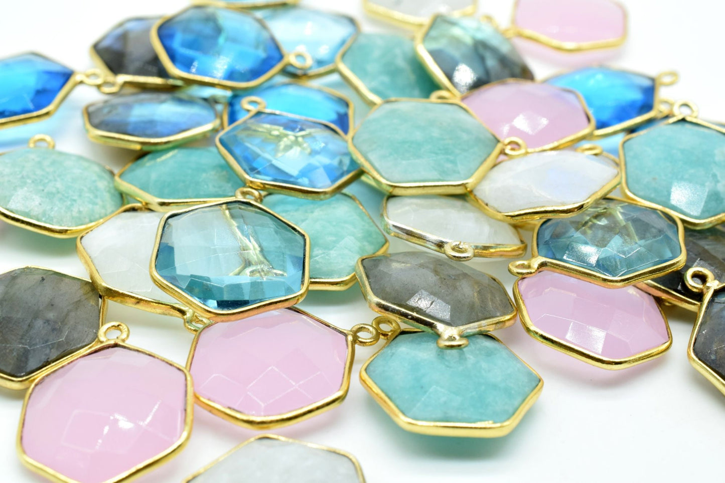 Moonstone 16mm Hexagon shape single loop connectors,Moonstone Pendant,White Rainbow bezel link,Gemstone Hexagonal Cone Charm,Minimal Stone