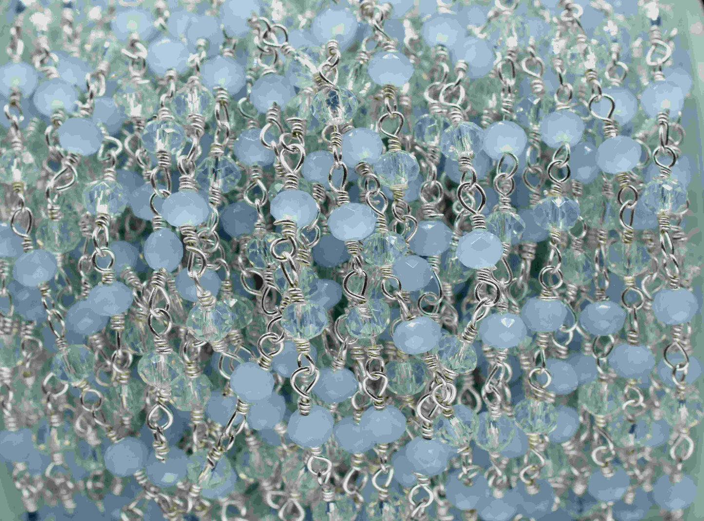 Blue chalcedony 3mm Beaded Chain,Faceted Rosary Style Beaded Chain,Wire Wrapped Rosary Chain,Blue Quartz stone links,Handmade Jewelry Making