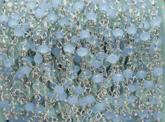 Blue chalcedony 3mm Beaded Chain,Faceted Rosary Style Beaded Chain,Wire Wrapped Rosary Chain,Blue Quartz stone links,Handmade Jewelry Making
