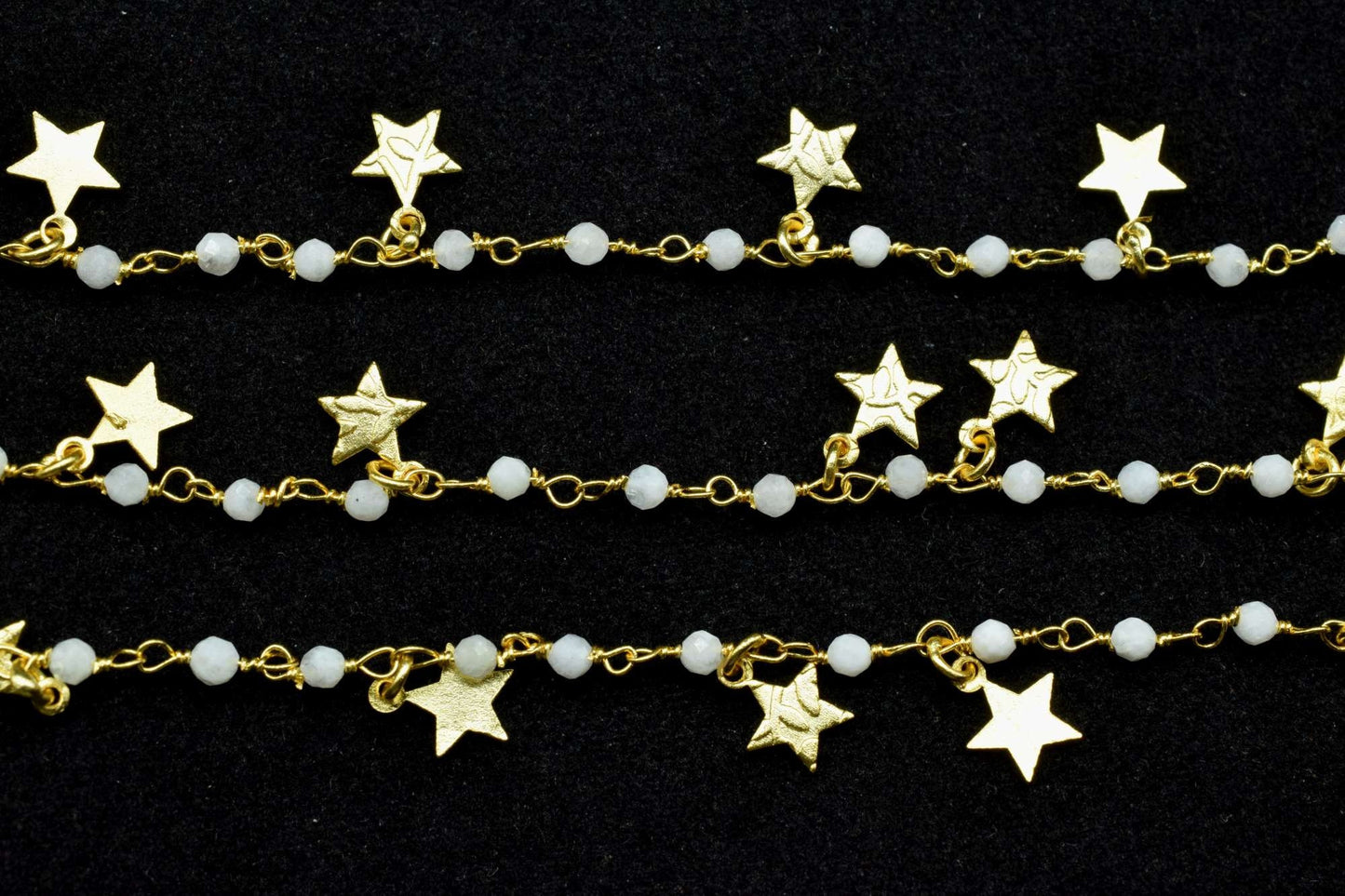 Moonstone 2mm Beaded & Star Charm Chain,Moonstone Rosary Chains,Moonstone Gold Plating Wire Wrap Chain,Brass chain,Jewelry Making Chains